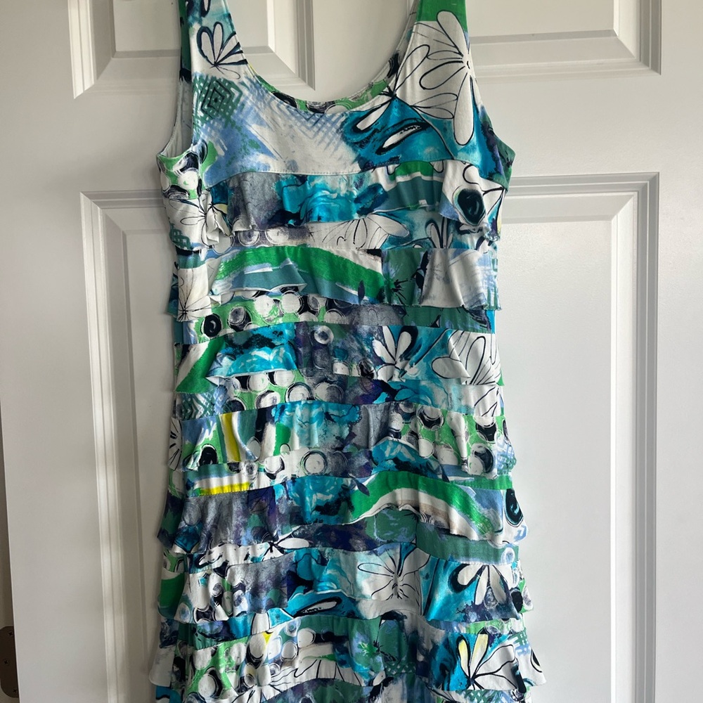 Fashque Studio Sleeveless Floral & Abstract Ruffle Dress in Blue and Green
